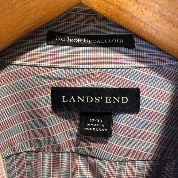 Lands End Mens 17-33 Non Iron Broadcloth Button Up Shirt Blue Check Print L/S - Picture 4 of 4
